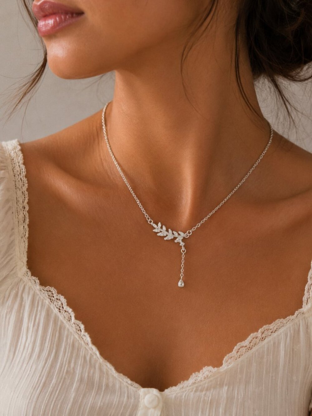 925 Sterling Silver Dainty Diamond Necklace CZ Leaf Necklace Twig Necklace